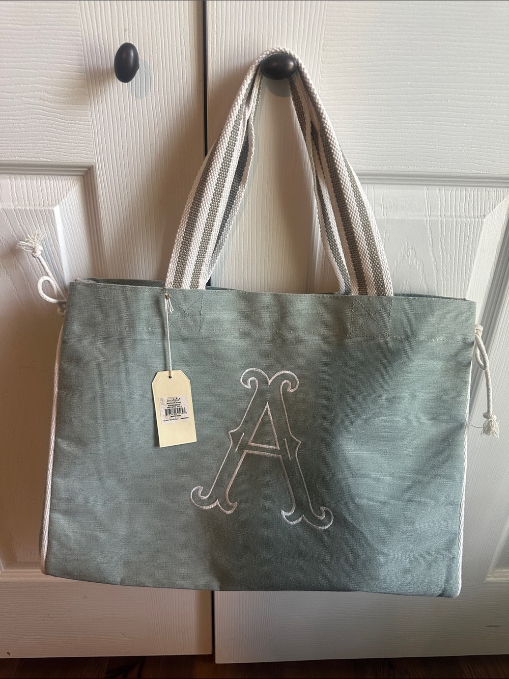 Mud Pie Embroidered Initial 'A' Canvas Tote Bag in Sage Green
